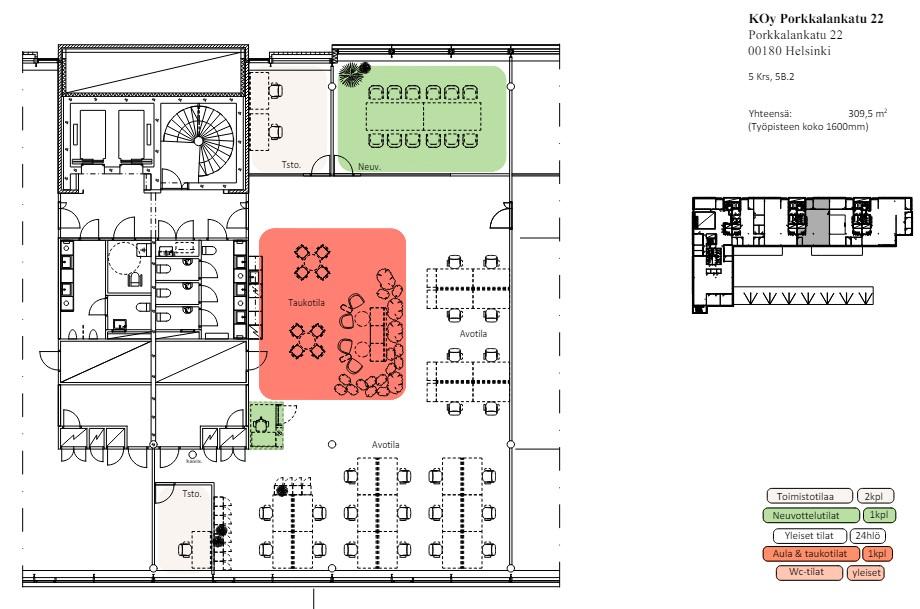 Porkkalankatu 22, 310m2, 5. kerros, Toimistotila