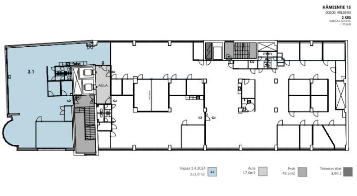 Hämeentie 15 a, 222m2, 3. kerros, Toimistotila