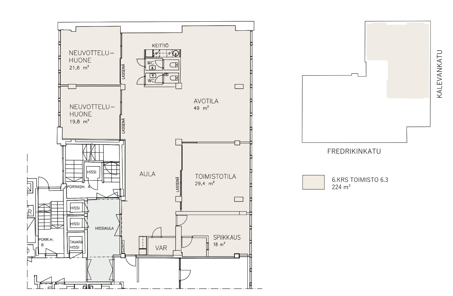 Fredrikinkatu 47, 224m2, 6. kerros, Toimistotila